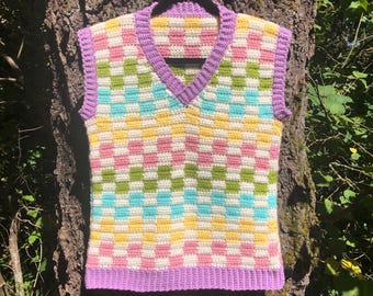 SIZE MEDIUM: Crochet checker vest, checkered, gingham, scrap yarn, purple, pink, yellow, blue, green, v-neck, patchwork, skater, sweater