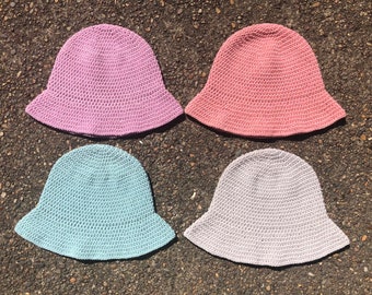 Cotton blend bucket hats, crochet, sun hat, bucket hat, floppy, comfortable, lightweight, summer, spring, solid, pink, blue, gray, pastel