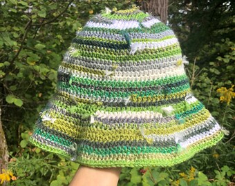 Distressed bucket hat, sun, floppy, visor, brim, yarn ends, patchwork, green, gray, forest, lightweight, handmade, crochet, acrylic, summer