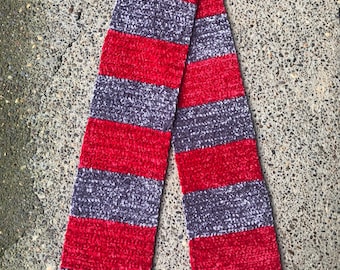 Gray and red striped velvet scarf