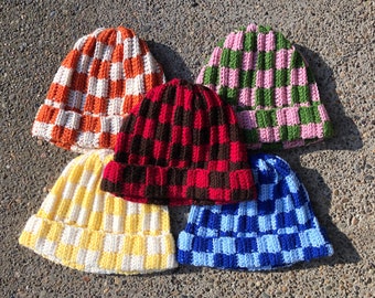 Checkered beanie, crochet, handmade, hat, skater, emo, checkerboard, gingham, checkers, acrylic yarn, fall, unique, dual tone, two color