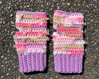 Purple and beige scrappy crochet handwarmers