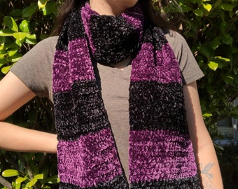 Crochet scarf / purple / black / jewel tone / stripes / velvet / soft / handmade / chenille / made by hand / slow fashion / feminine