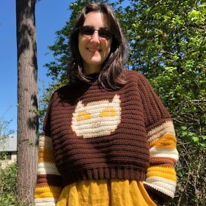 Peut inclure: Un pull en crochet marron avec un motif de visage de chat blanc et des manches rayées marron, blanc et jaune.