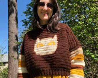 SIZE MEDIUM: Retro cat sweater, crochet, handmade, striped, 60s, 70s, cropped, brown, yellow, long sleeve, mockneck, creepy cute, weird