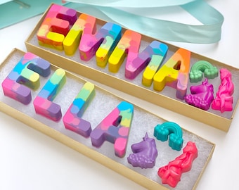 Kids BIRTHDAY Crayons, Rainbow Name Crayons, Custom Unicorn Alphabet Name Crayons in a Gift Box, Kindergarten and Preschool graduation gift.