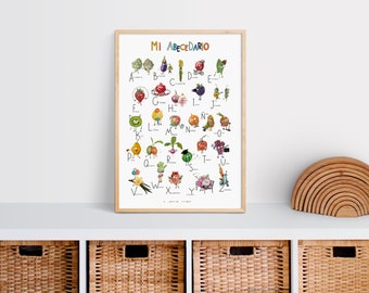 May include: A colorful alphabet chart featuring illustrated fruits and vegetables with the Spanish word "Mi Abecedario" at the top.