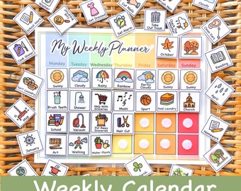 May include: A colorful weekly planner with a rainbow design and a green banner that says "Weekly Calendar". The planner has a grid with days of the week and activities for each day. There are small icons for each activity, such as a sun for "Sunny", a shower for "Shower", and a book for "Reading".