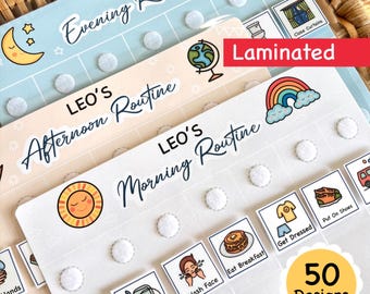 May include: Laminated routine chart with the text "LEO'S Evening Routine", "LEO'S Afternoon Routine", and "LEO'S Morning Routine". The chart includes icons for various activities and the text "50 Designs". The background is light blue, beige, and white.