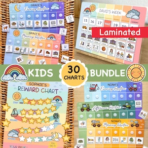 May include: A bundle of laminated kids' charts featuring colorful daily routine trackers, weekly calendars, and reward charts with star icons. The charts include text such as Grace's Evening Routine, David's Week, Sophie's Reward Chart, and Noah's routines.