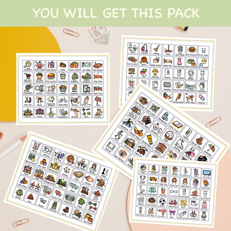 May include: A pack of visual schedule cards with various illustrated activities, including eating, playing, and school. The cards are arranged on a light pink surface, with the text "YOU WILL GET THIS PACK" at the top.