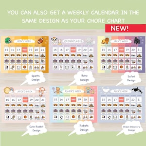 May include: Colorful weekly chore charts with various designs, including sports, boho, safari, cute rabbit, robots, and ocean discovery themes. Each chart features a calendar layout with daily activity icons and the text "NEW!"