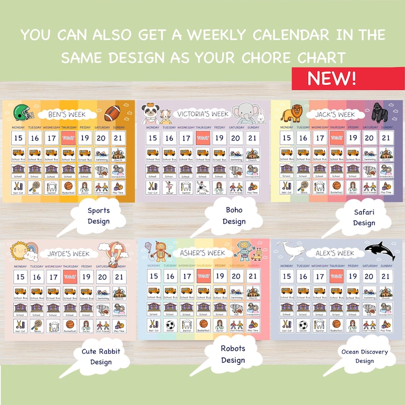May include: Colorful weekly chore charts with various designs, including sports, boho, safari, cute rabbit, robots, and ocean discovery themes. Each chart features a calendar layout with daily activity icons and the text "NEW!"