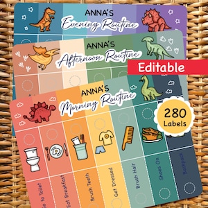 Puede incluir: Tres coloridas tablas de rutina ilustradas con gráficos de dinosaurios. Cada tabla está etiquetada como "ANNA'S" seguida de "Evening Routine", "Afternoon Routine" y "Morning Routine". Las tablas incluyen iconos para las tareas diarias y el texto "Editable" y "280 Labels".