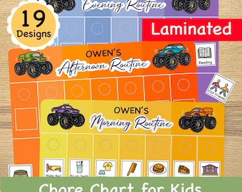 Könnte beinhalten: Ein farbenfroher Aufgabenplan für Kinder mit Monstertruck-Motiv. Der Plan ist in drei Abschnitte unterteilt: Morgen-, Nachmittag- und Abendroutine. Jeder Abschnitt enthält eine Liste von Aufgaben mit entsprechenden Bildern und Kontrollkästchen. Der Plan ist laminiert und enthält den Text "Chore Chart for Kids".