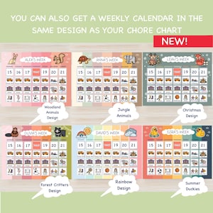 May include: Colorful weekly chore charts with various designs, including Woodland Animals, Jungle Animals, Christmas, Forest Critters, Rainbow, and Summer Duckies. Each chart features a calendar layout with days of the week and activity icons.