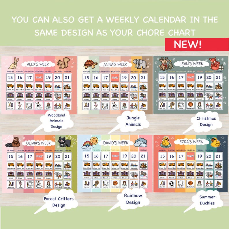 May include: Colorful weekly chore charts with various designs, including Woodland Animals, Jungle Animals, Christmas, Forest Critters, Rainbow, and Summer Duckies. Each chart features a calendar layout with days of the week and activity icons.
