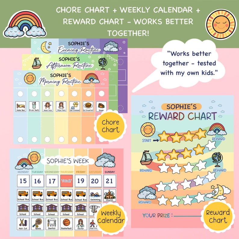 Kids Chore Chart Bundle: Reward Chart, Weekly Visual Calendar, Morning ...