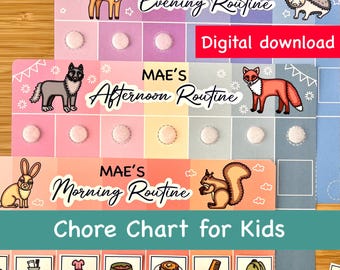 May include: Colorful chore chart for kids with the text "MAE'S Evening Routine", "MAE'S Afternoon Routine", and "MAE'S Morning Routine". The chart features illustrations of animals and icons for daily tasks. The words "Digital download" and "Chore Chart for Kids" are also visible.