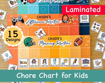 Könnte beinhalten: Ein Satz von drei laminierten bunten Aufgabenkarten für Kinder mit verschiedenen Themen: Morgen-, Nachmittag- und Abendroutine. Jede Karte hat ein Raster mit verschiedenen Symbolen, die Aufgaben wie Zähneputzen, Anziehen und Lesen darstellen. Die Karten sollen Kindern helfen, Routinen zu lernen und zu befolgen.