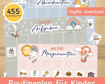 May include: A set of three printable routine charts for kids. The charts are designed with cute illustrations of animals and rainbows. The charts are titled "My Evening Routine", "My Morning Routine", and "My Tasks".