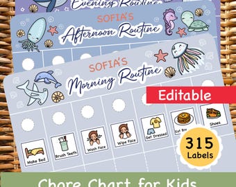 May include: A set of three chore charts for kids, each with a different daily routine: morning, afternoon, and evening. The charts feature sea creature illustrations and icons for tasks like making the bed and brushing teeth. The charts are labeled "Editable" and include 315 labels.