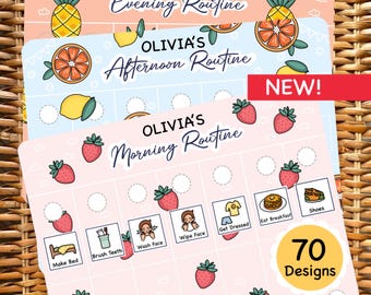 May include: Three rectangular routine charts labeled Olivia's Morning, Afternoon, and Evening Routine. The charts feature colorful fruit illustrations, task icons with text like Make Bed and Brush Teeth, empty circles for tracking, and a yellow circle stating 70 Designs.
