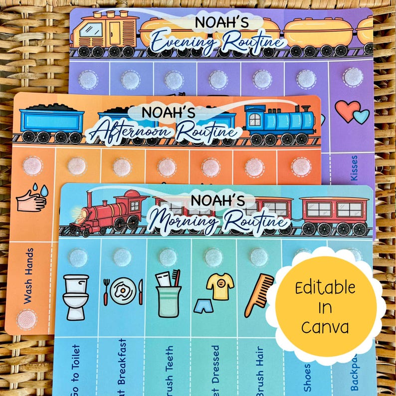 Train Kids Routine Editable Kids Routine Chart: Daily Visual Schedule, Chore Chart ...