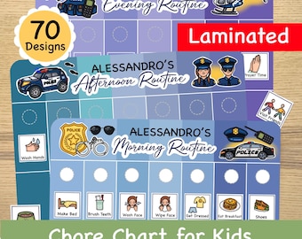 Könnte beinhalten: Ein laminierter Aufgabenplan für Kinder mit Polizei-Thema. Die Tabelle ist in Morgen-, Nachmittags- und Abendroutinen unterteilt, mit Illustrationen für jede Aufgabe. Die Tabelle enthält den Text "Alessandro's" und "Chore Chart for Kids."