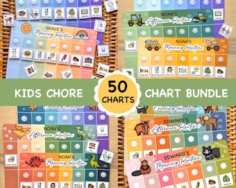 May include: A set of 50 printable chore charts for kids. The charts feature colorful backgrounds with different themes, including dinosaurs, construction vehicles, and woodland animals. Each chart includes a grid with various activities, such as "brush teeth", "get dressed", and "eat breakfast".