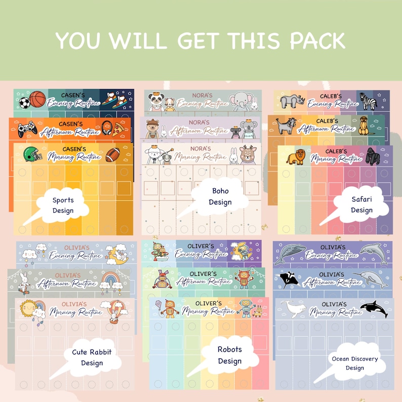 May include: A pack of colorful, illustrated routine charts with various themes, including sports, boho, safari, cute rabbit, robots, and ocean discovery designs. Each chart features a name and sections for morning, afternoon, and evening routines.