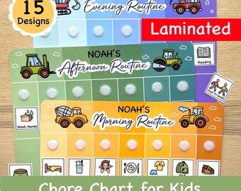 May include: A set of three colorful laminated chore charts for kids. Each chart features a different routine: morning, afternoon, and evening. The charts are decorated with cartoon vehicles and have a space for stickers or tokens to mark completed tasks. The text on the charts reads "NOAH'S Morning Routine", "NOAH'S Afternoon Routine", and "NOAH'S Evening Routine".