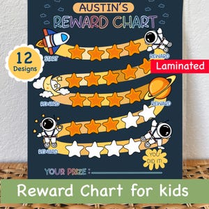 May include: A laminated reward chart for children, with a space theme. It features a rocket, astronauts, stars, and planets. The chart includes the text "Austin's Reward Chart", "12 Designs", and "Your Prize:" with space to write.