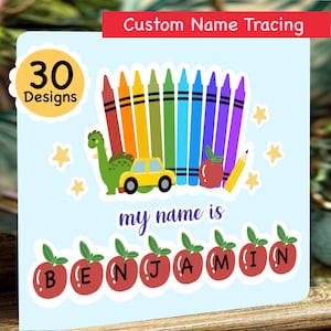 May include: A light blue custom name tracing worksheet featuring a row of colorful crayons, a green dinosaur, a yellow car, an apple, and yellow stars. The text reads Custom Name Tracing, my name is, and BENJAMIN, with each letter inside a red apple.