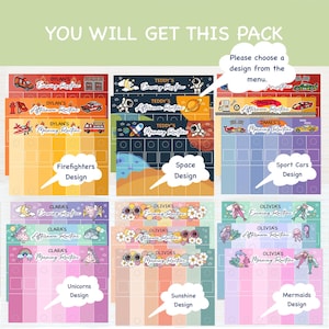 May include: A pack of colorful routine charts with various designs, including firefighters, space, sport cars, unicorns, sunshine, and mermaids. Each chart features a name and sections for morning, afternoon, and evening routines. The text "YOU WILL GET THIS PACK" is at the top.