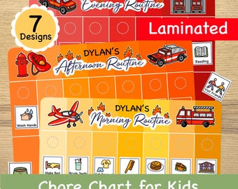 Könnte beinhalten: Ein Aufgabenplan für Kinder mit Feuerwehr-Motiv. Der Plan ist in drei Abschnitte unterteilt: Morgen-, Nachmittag- und Abendroutine. Jeder Abschnitt hat eine andere Farbe und ein Bild eines Feuerwehrautos. Der Plan ist laminiert und in 7 Designs erhältlich.