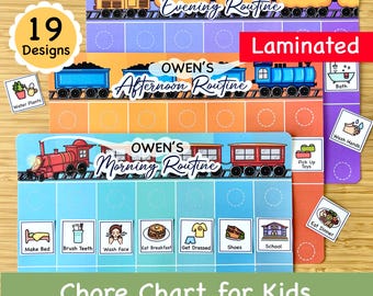 May include: A set of three laminated chore charts for kids featuring a train theme. Each chart has a different routine: morning, afternoon, and evening. The charts include images and text for various tasks, such as making the bed, brushing teeth, and eating dinner.