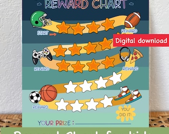 May include: A colorful reward chart for kids, featuring a football helmet, video game controller, headphones, pizza, soccer ball, basketball, and sneakers. The chart includes the text "Austin's Reward Chart" and "Reward Chart for kids."