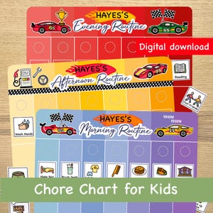 Puede incluir: Un cuadro de tareas imprimible para niños con un tema de coches de carreras. El cuadro está dividido en tres secciones: rutinas de la mañana, de la tarde y de la noche. Cada sección tiene una lista de tareas con imágenes correspondientes. El cuadro está personalizado con el nombre "HAYES'S".