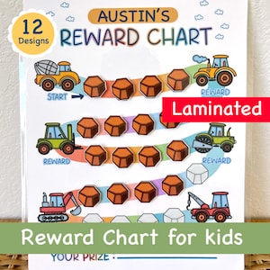 May include: Laminated reward chart for kids with the text "Austin's Reward Chart". The chart features 12 designs with illustrations of construction vehicles and spaces for rewards. The chart includes the text "Reward Chart for kids".
