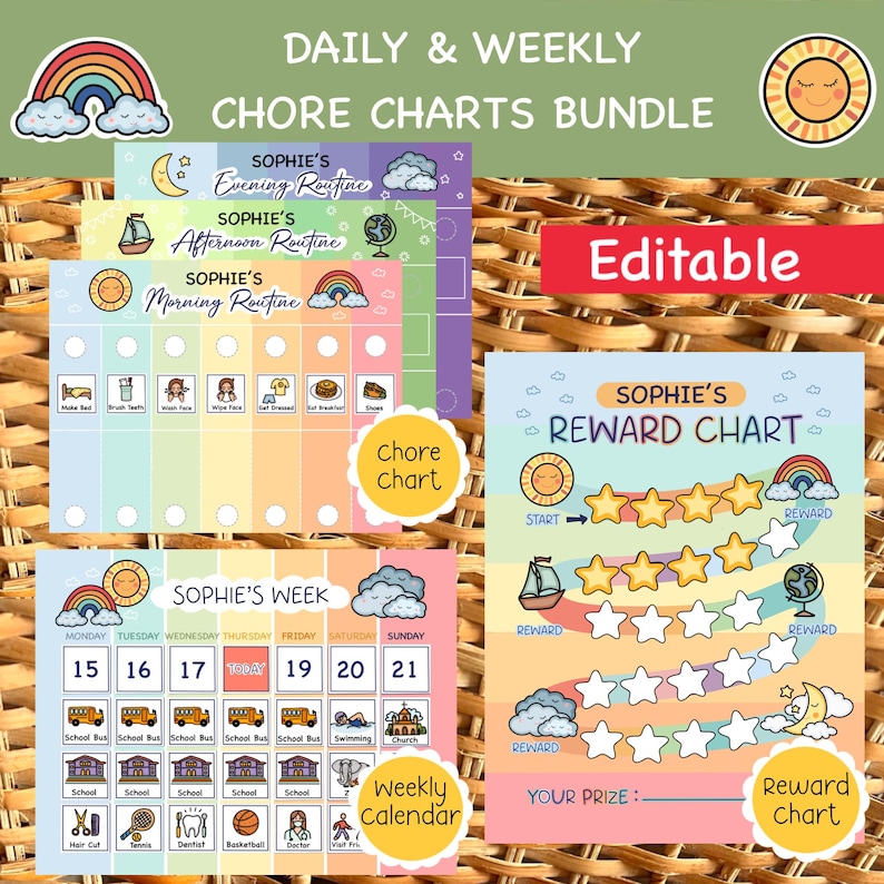 Kmart Routine Chart Kids Chore Chart Bundle: Reward Chart, Weekly Visual Calendar, Morning ...