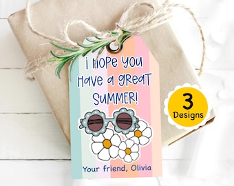 May include: A gift tag with a pastel striped background, featuring sunglasses and daisies. Text reads "I hope you have a great summer!" and "Your friend, Olivia." A yellow sticker indicates "3 Designs."