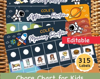 May include: A chore chart for kids with the text "Cole's Evening Routine", "Afternoon Routine", and "Morning Routine". The chart features illustrations of an astronaut, a rocket, and planets. The chart includes 315 labels and the text "Chore Chart for Kids".
