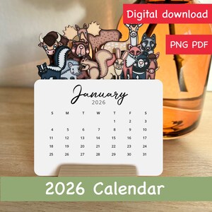 Calendario de escritorio de animales del bosque 2026: imprimible en formato PNG y PDF (tamaño carta)