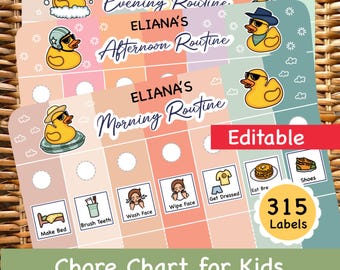 May include: A chore chart for kids with the text "ELIANA'S" and "Evening Routine", "Afternoon Routine", and "Morning Routine". The chart features illustrations of ducks and daily tasks, with the word "Editable" and "315 Labels".