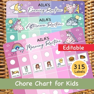 Unicorn Kids Routine Chart: Editable Morning, Afternoon, Evening Chore Chart Routines (Digital Download)