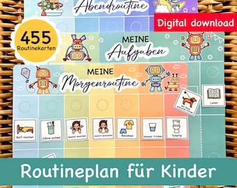 May include: Colorful routine charts for children with robot illustrations and the phrases "Meine Abendroutine", "Meine Aufgaben", and "Meine Morgenroutine". Includes icons for various activities and the text "Digital download".