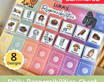 May include: A colorful laminated daily responsibilities chart for children. The chart features a variety of images and text, including "LUKA'S Responsibilities", "Morning", "Evening", "Completed", and "8 Designs".