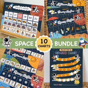 May include: A collection of 10 space-themed charts, including weekly planners, morning and afternoon routines, and reward charts. The charts feature illustrations of astronauts, rockets, planets, and stars. The text includes "David's Week", "Niko's", "Luke's", and "Austin's".