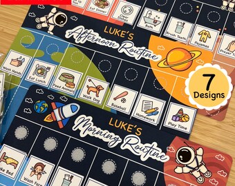 May include: Laminated chore chart with space-themed illustrations. Features sections for morning and afternoon routines, with icons for various activities like eating, playing, and brushing teeth. Includes the text "Luke's" and "7 Designs".